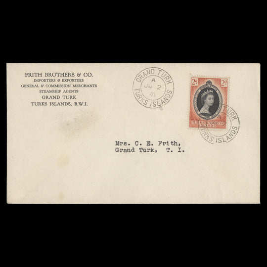 Turks & Caicos Islands 1953 (FDC) 2d Coronation, GRAND TURK