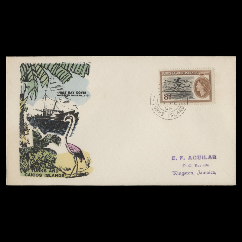 Turks & Caicos Islands 1955 Flamingoes first day cover, GRAND TURK