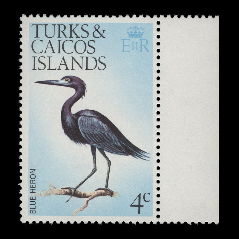 Turks & Caicos Islands 1973 (Variety) 4c Little Blue Heron with watermark to right