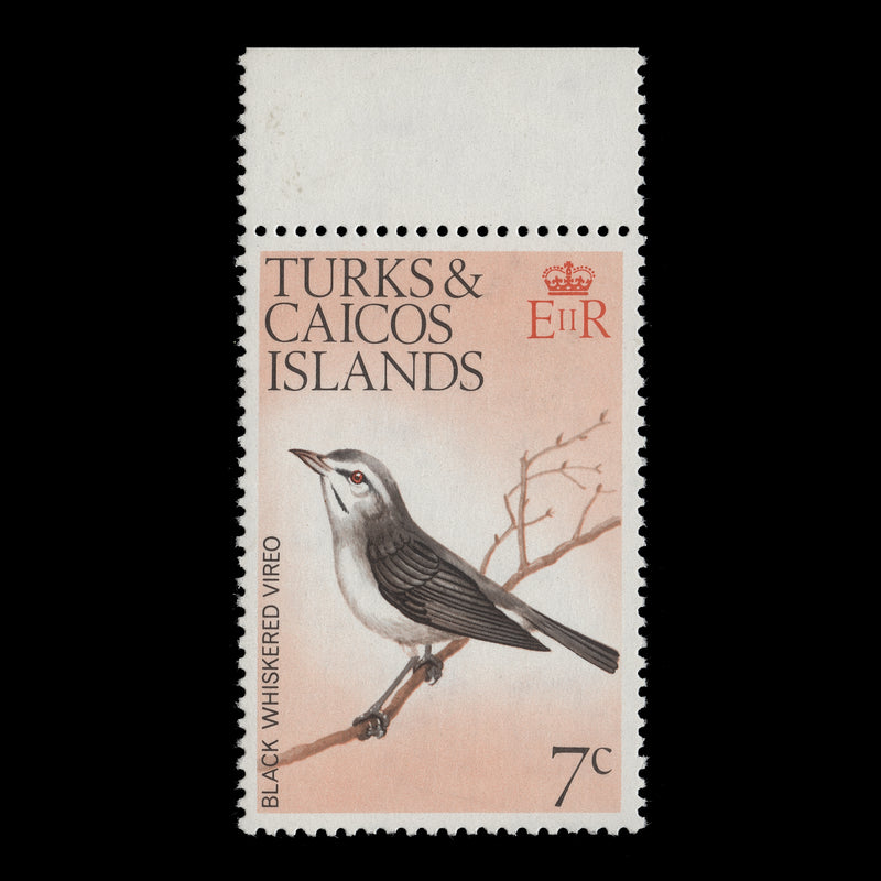 Turks & Caicos Islands 1973 (Variety) 7c Black-Whiskered Vireo with watermark to right