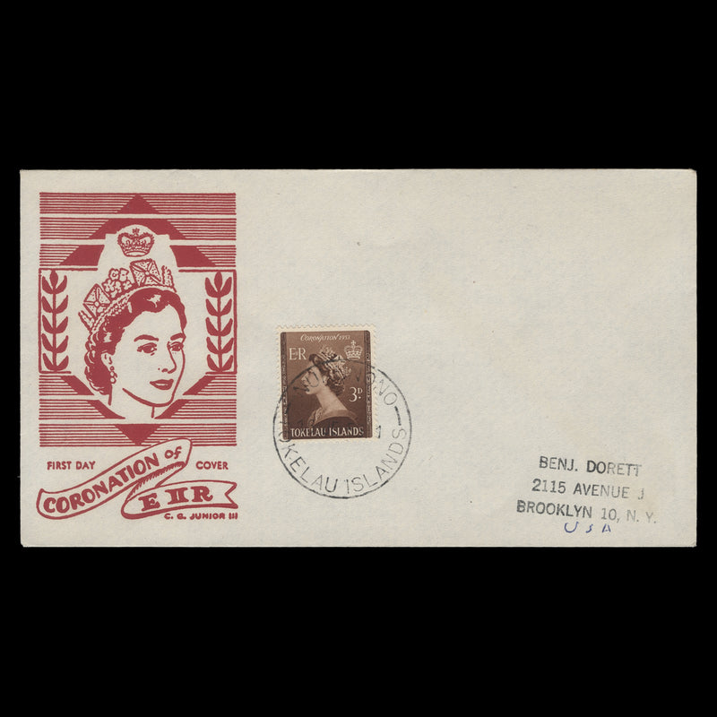 Tokelau 1953 (FDC) 3d Coronation, NUKUNONO