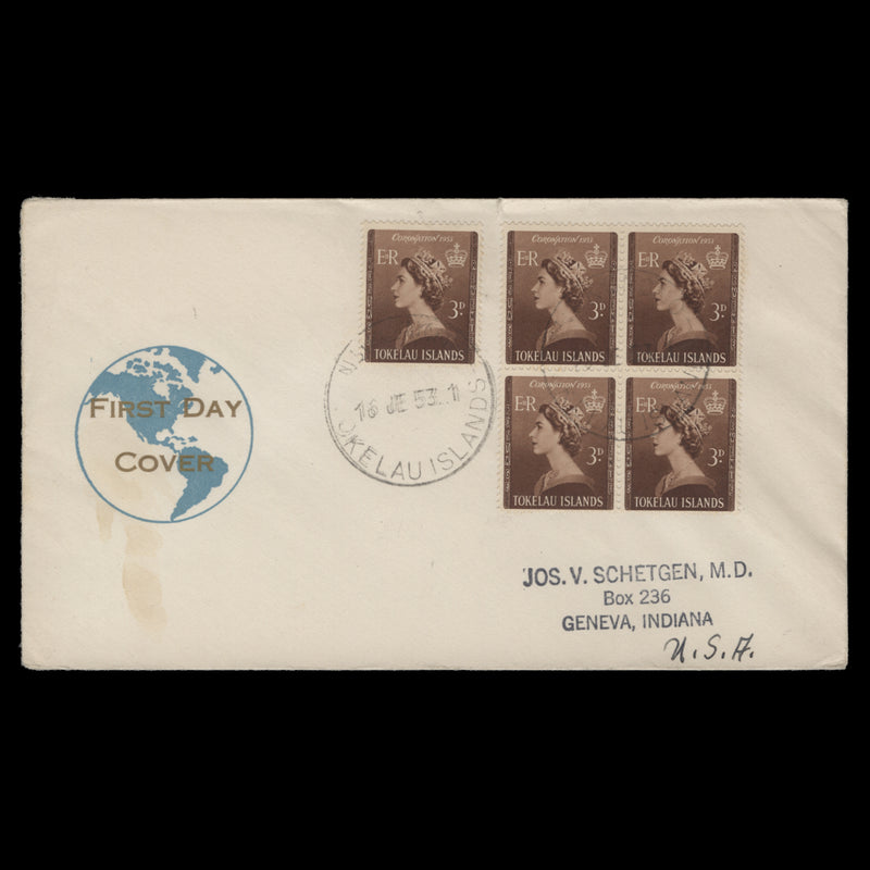 Tokelau 1953 (FDC) 3d Coronation block and single, NUKUNONO