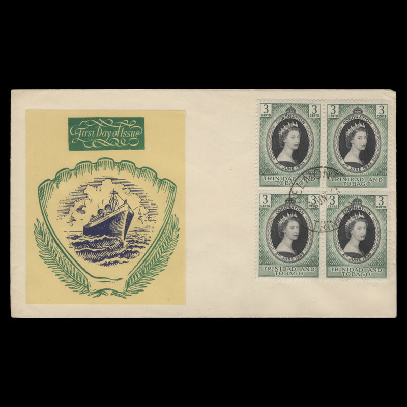 Trinidad & Tobago 1953 (FDC) 3c Coronation block, BELMONT