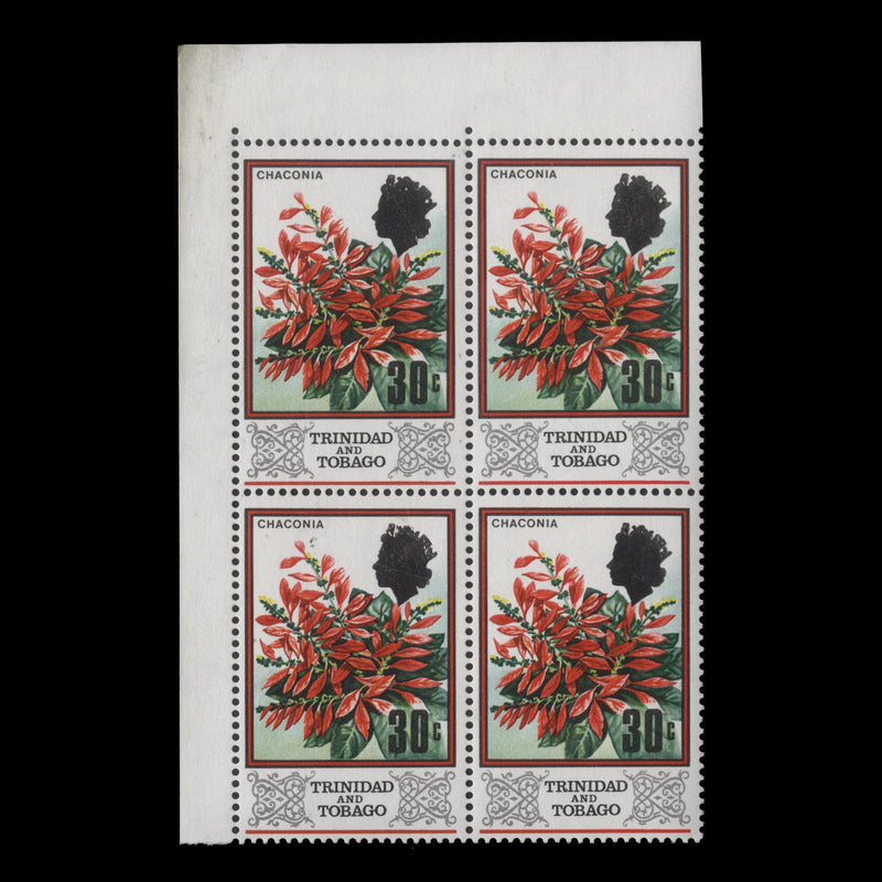 Trinidad & Tobago 1972 (Variety) 30c Chaconia block with inverted watermark