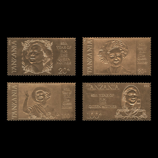 Tanzania 1985 (Variety) Life & Times of Queen Mother gold foil set with correct 'HM' inscription