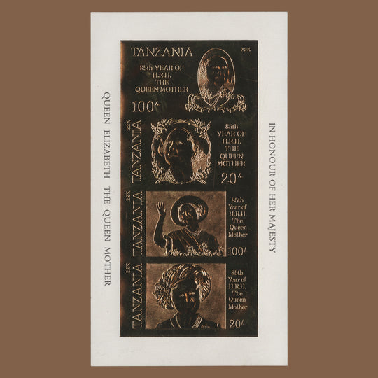 Tanzania 1985 (Variety) Life & Times of Queen Mother imperf gold foil miniature sheet