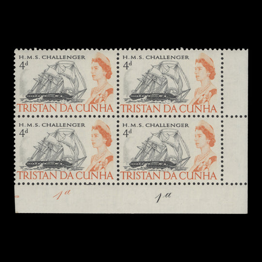 Tristan da Cunha 1967 (MNH) 4d HMS Challenger plate 1a–1a block
