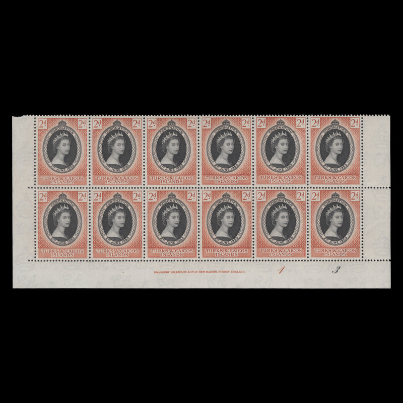 Turks & Caicos Islands 1953 (MNH) 2d Coronation imprint/plate 1–3 block