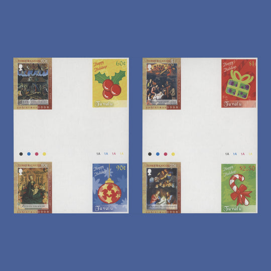 Turks & Caicos Islands/Tuvalu 2008 Christmas cross-gutter imperf proof blocks