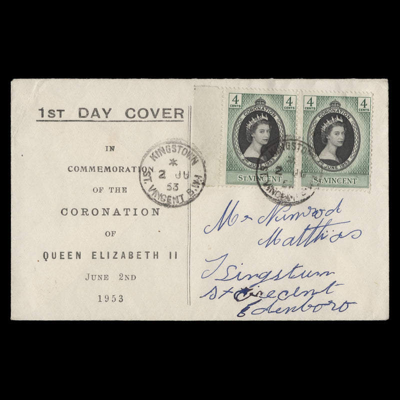 Saint Vincent 1953 (FDC) 4c Coronation pair, KINGSTOWN