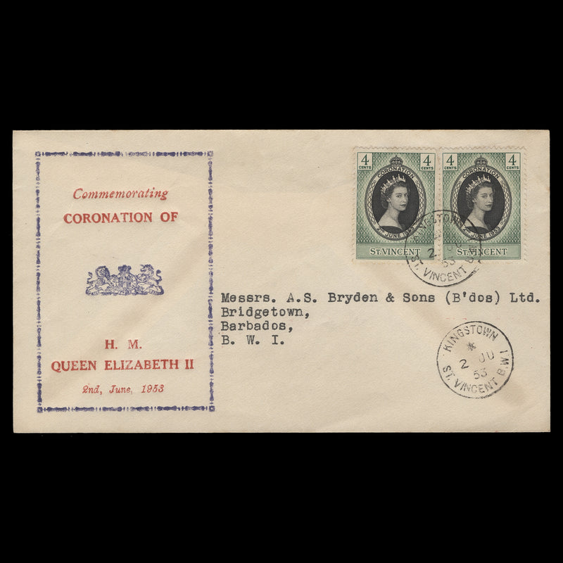 Saint Vincent 1953 (FDC) 4c Coronation pair, KINGSTOWN