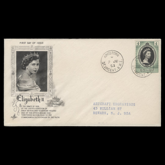 Saint Vincent 1953 (FDC) 4c Coronation, KINGSTOWN