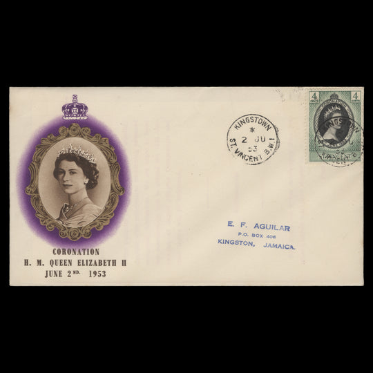 Saint Vincent 1953 (FDC) 4c Coronation, KINGSTOWN