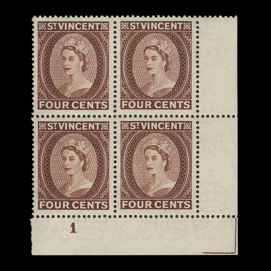 Saint Vincent 1955 (MNH) 4c Queen Elizabeth II plate block, Waterlow