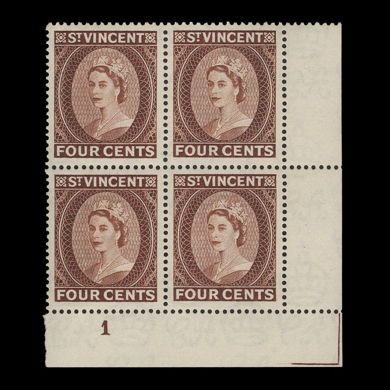 Saint Vincent 1955 (MNH) 4c Queen Elizabeth II plate block, brown
