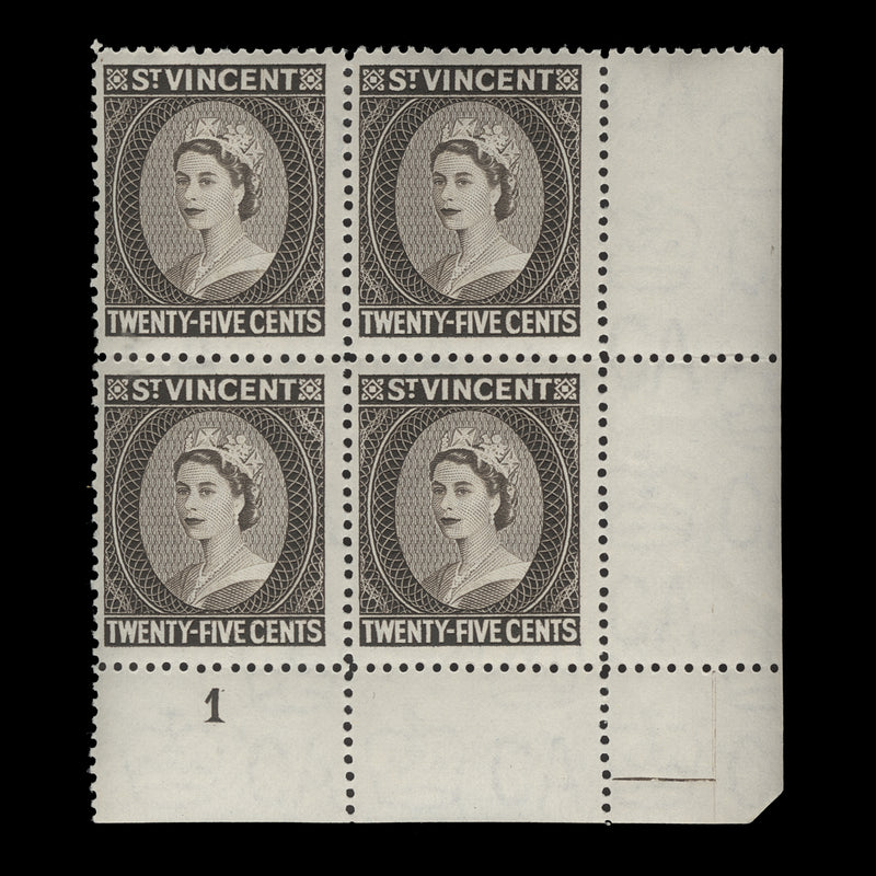 Saint Vincent 1964 (MNH) 25c Queen Elizabeth II plate block, perf 12½ x 12½