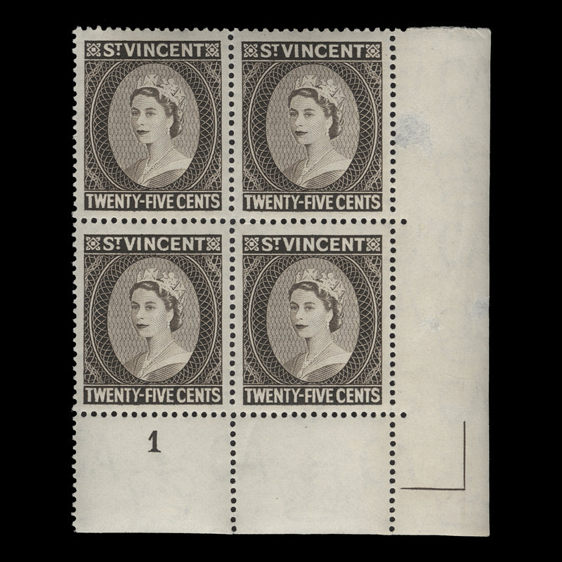 Saint Vincent 1964 (MNH) 25c Queen Elizabeth II plate block, perf 13 x 14