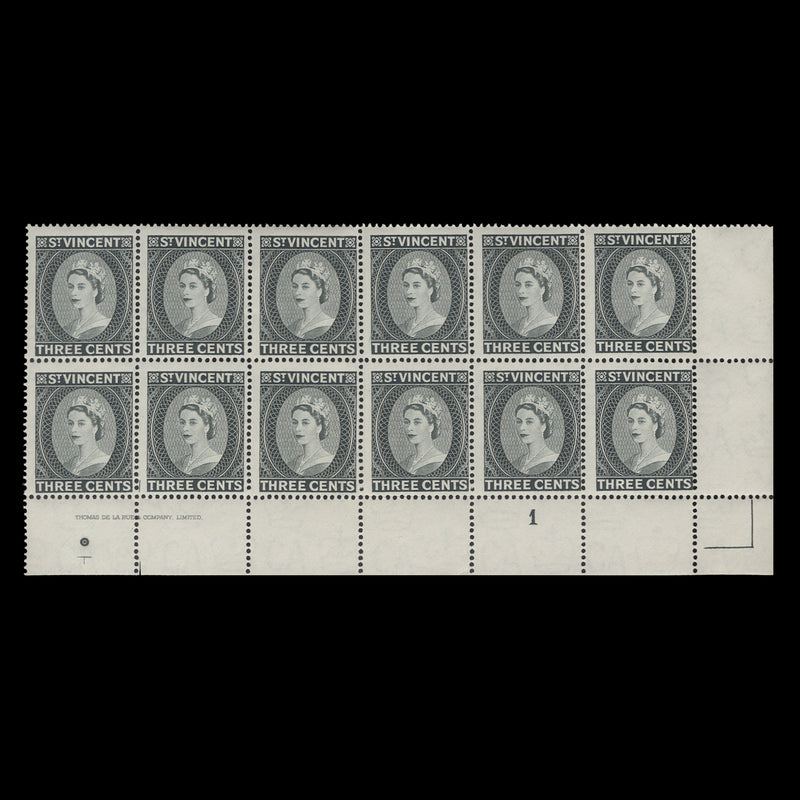 Saint Vincent 1964 (MNH) 3c Queen Elizabeth II plate block, St Edward's crown