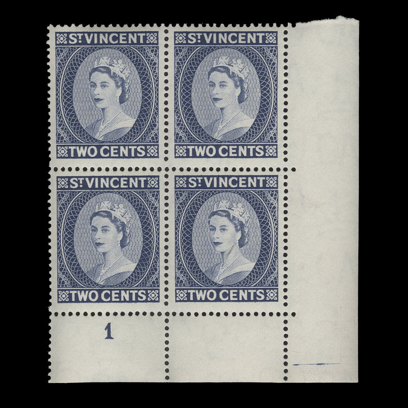 Saint Vincent 1964 (MNH) 2c Queen Elizabeth II plate block, perf 13 x 1