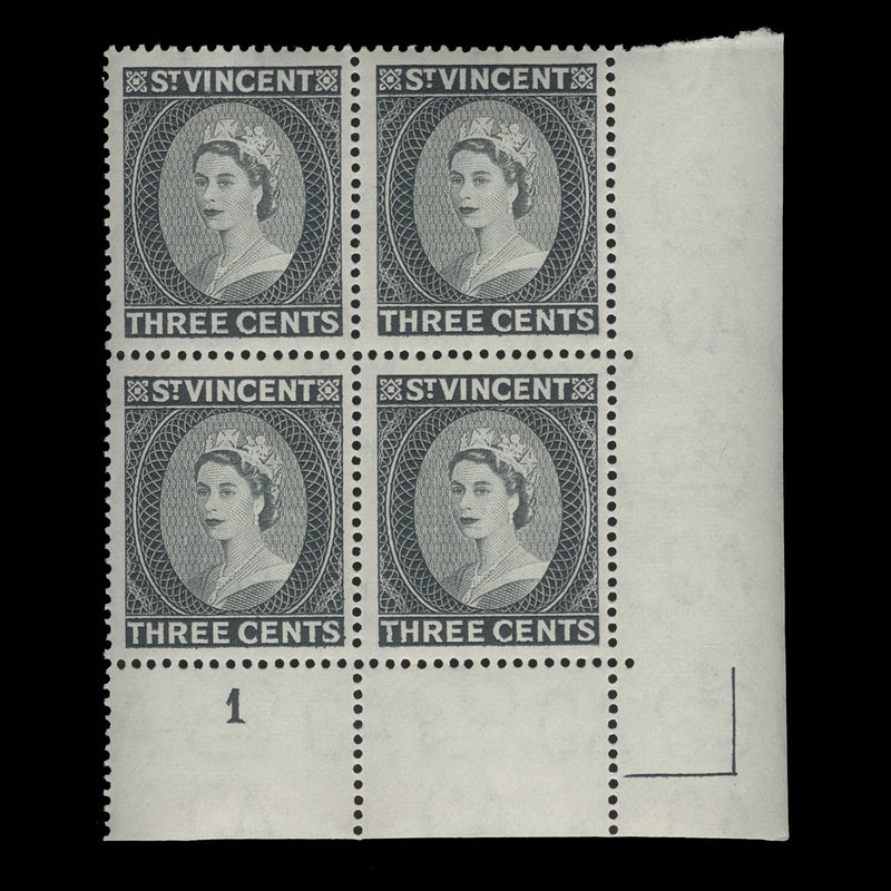 Saint Vincent 1964 (MNH) 3c Queen Elizabeth II plate block, perf 13 x 14