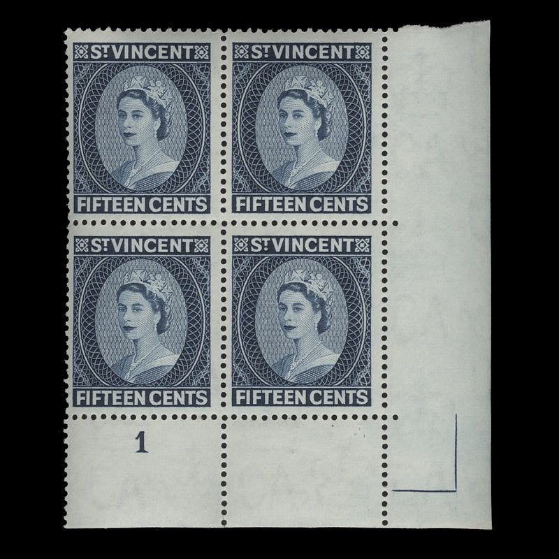Saint Vincent 1964 (MNH) 15c Queen Elizabeth II plate block, perf 13 x 14