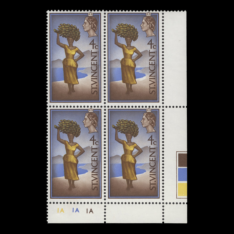 Saint Vincent 1968 (MNH) 4c Woman with Bananas plate block, sideways watermark