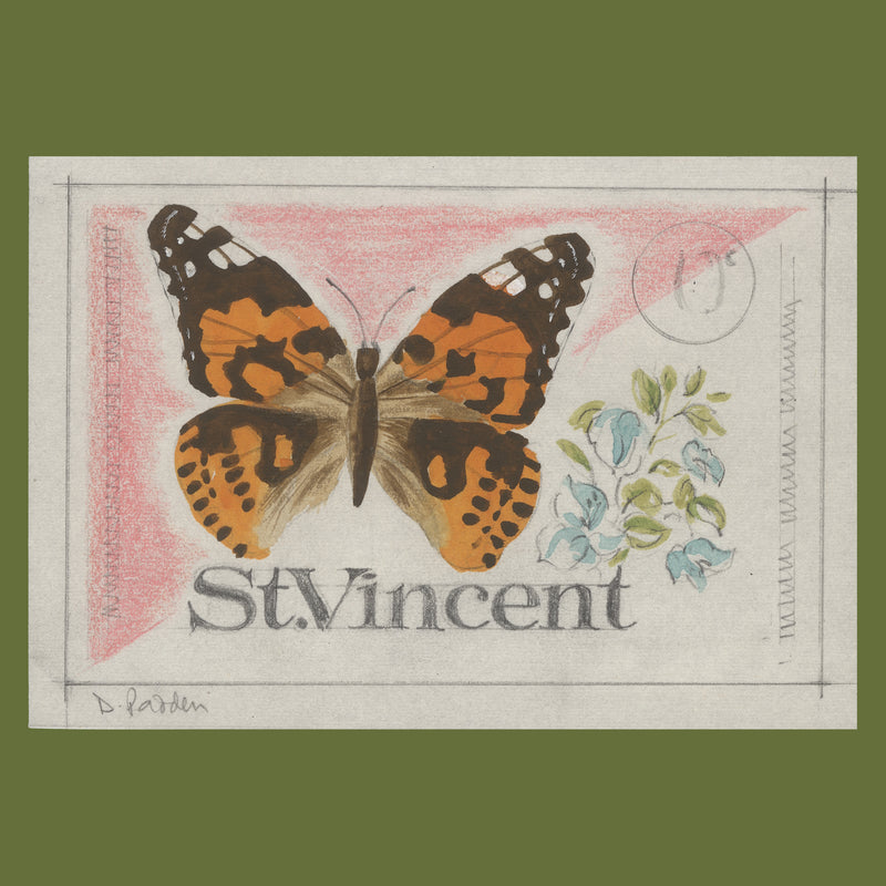 Saint Vincent 1978 Butterflies & Bougainvilleas watercolour sketch by Daphne Padden