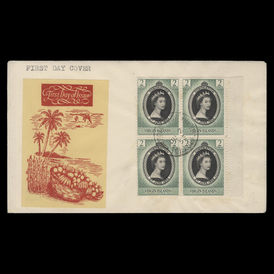 British Virgin Islands 1953 (FDC) 2c Coronation block, ROAD TOWN