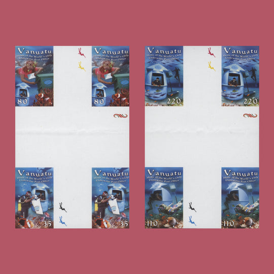 Vanuatu 2004 Underwater Post Office imperf proof cross-gutter blocks