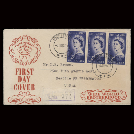 South Africa 1953 (FDC) 2d Coronation strip, PRETORIA