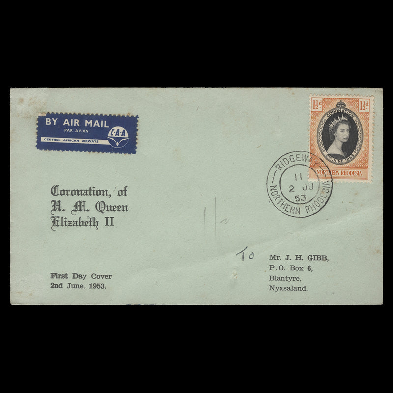 Northern Rhodesia 1953 (FDC) 1½d Coronation, RIDGEWAY