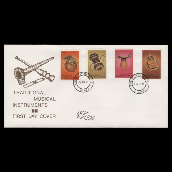 Zambia 1981 Traditional Musical Instruments first day cover signed by designer