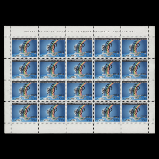 Zambia 2004 (Variety) K1000/K700 United Nations Anniversary sheet with inverted surcharge