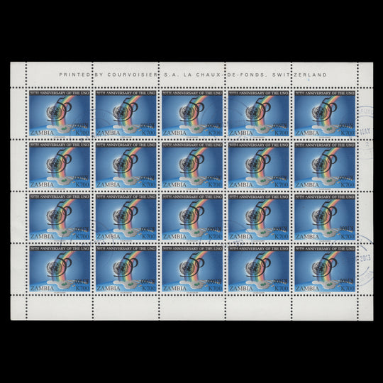 Zambia 2004 (Variety) K1000/K700 United Nations Anniversary sheet with inverted surcharge