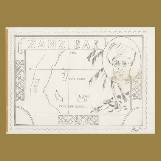 Zanzibar 1957 Map of East African Coast pencil essay by R A Sweet