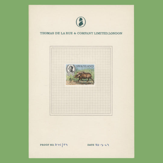 Swaziland 1969 Bush Pig imperf proof on presentation card