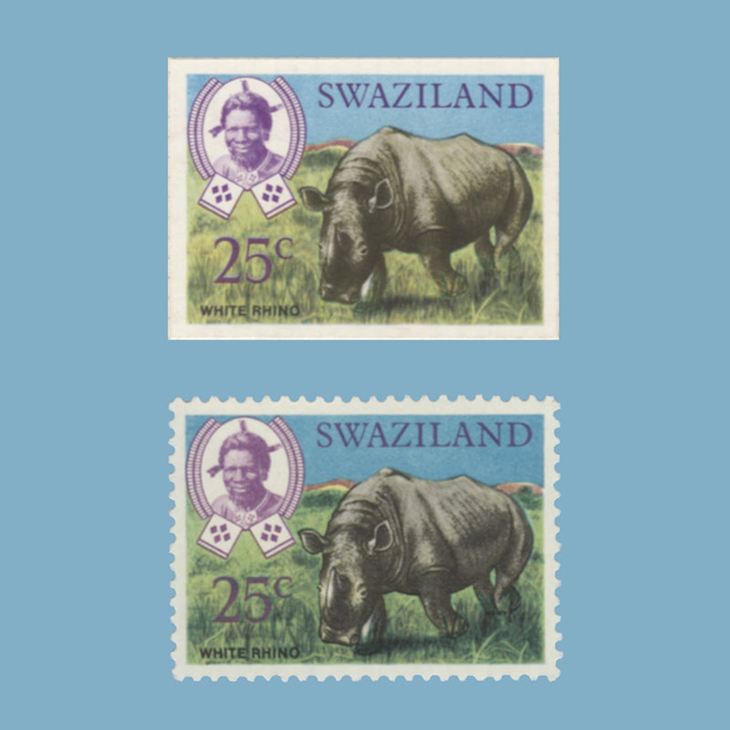 Swaziland 1969 White Rhino imperf proof on presentation card