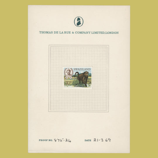 Swaziland 1969 Chacma Baboon imperf proof on presentation card