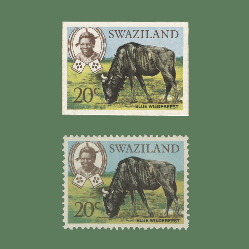 Swaziland 1969 Blue Wildebeest imperf proof on presentation card