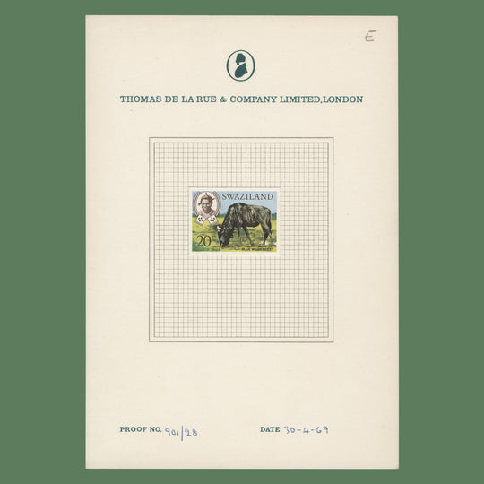 Swaziland 1969 Blue Wildebeest imperf proof on presentation card