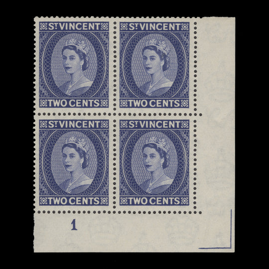 Saint Vincent 1955 (MNH) 2c Queen Elizabeth II plate block, Waterlow