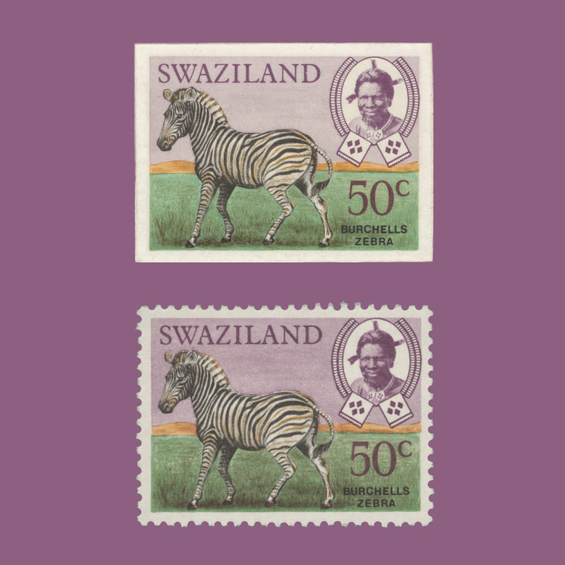 Swaziland 1969 Burchell's Zebra imperf proof on presentation card