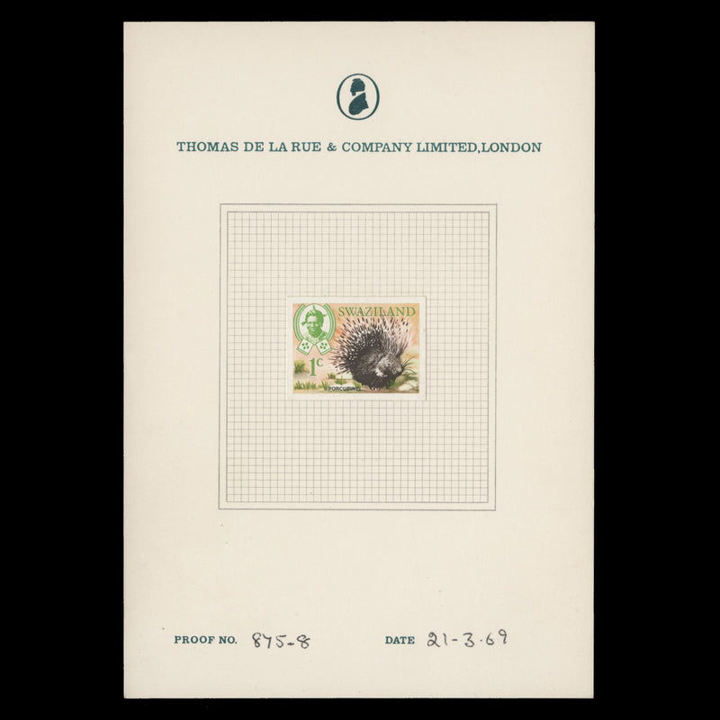 Swaziland 1969 Porcupine imperf proof on presentation card
