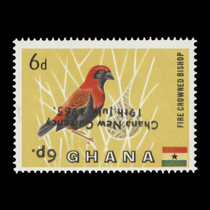 Ghana 1965 (Variety) 6p/6d Fire-Crowned Bishop with inverted surcharge