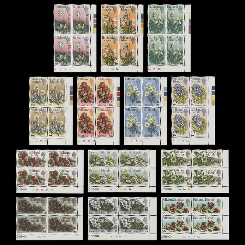 Falkland Islands 1971 (MNH) Flowers Provisionals plate blocks