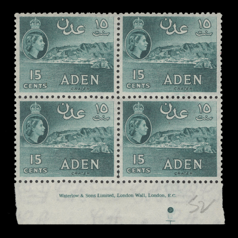 Aden 1953 (MLH) 15c Crater imprint block, blue-green