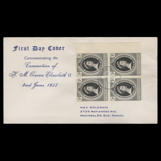 Ascension 1953 (FDC) 3d Coronation block
