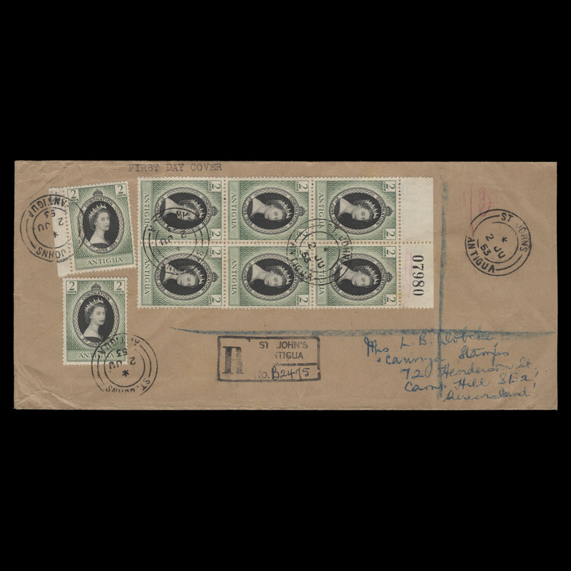 Antigua 1953 (FDC) 2c Coronation block and singles, ST JOHNS