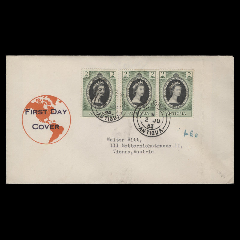 Antigua 1953 (FDC) 2c Coronation pair and single, ST JOHNS