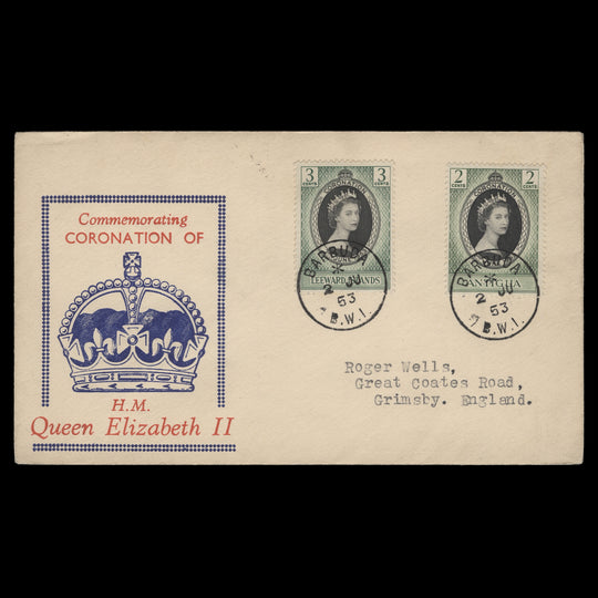 Antigua/Leeward Islands 1953 (FDC) 2c Coronation singles, BARBUDA